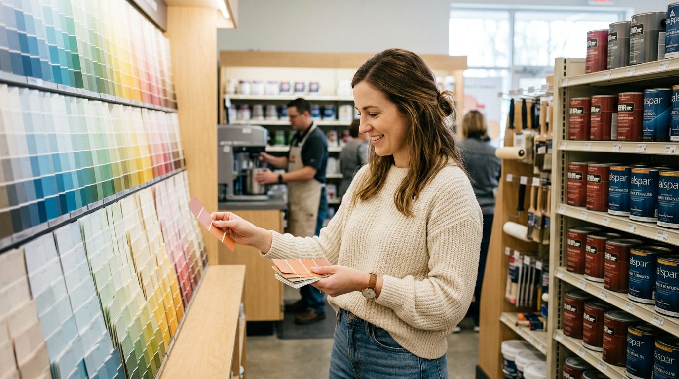 Woman browsing paint swatches at home improvement store