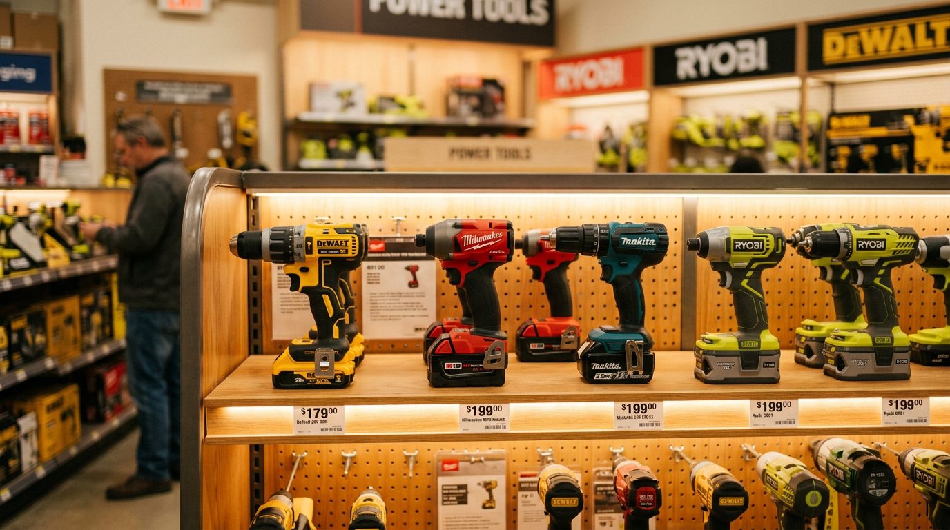 Cordless drills and impact drivers on retail display shelf