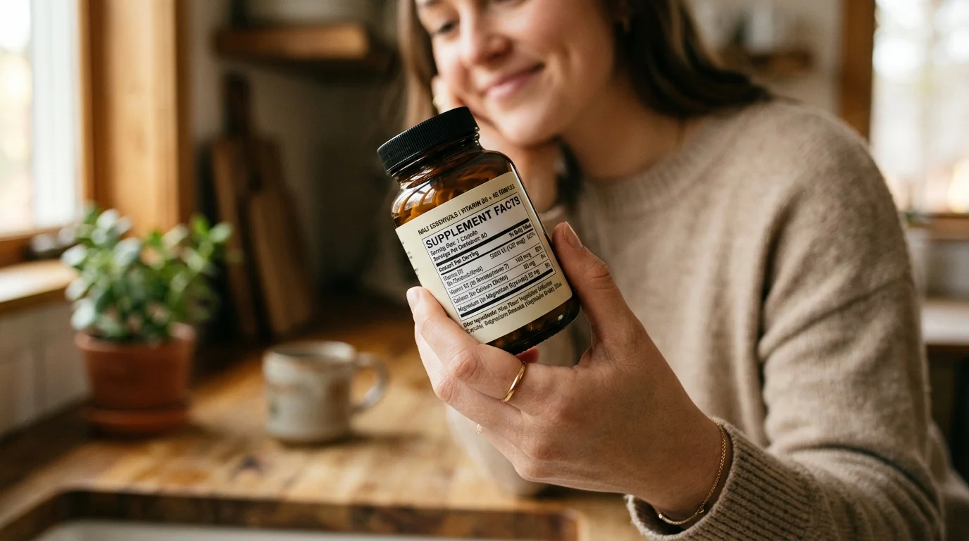Close-up of a supplement facts panel on a bottle being held in someone's hand