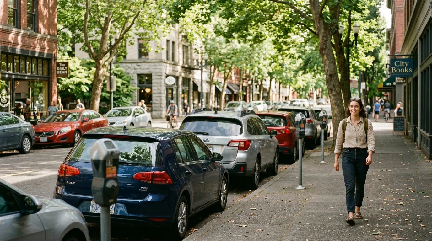 Row of parked cars along a tree-lined city street with parking meters on a sunny afternoon