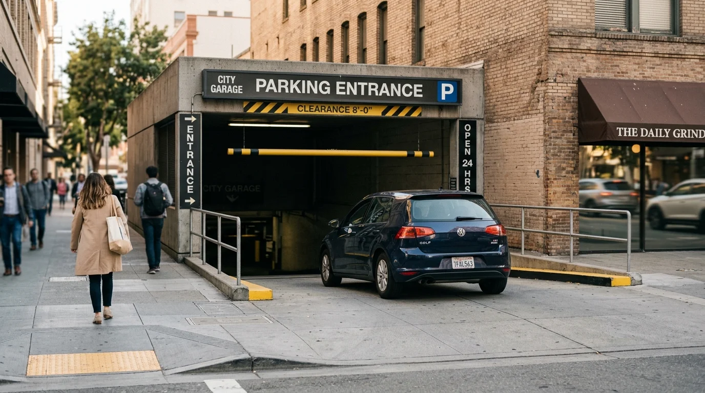Exterior of a parking garage entrance on a city street with a car entering during warm daylight