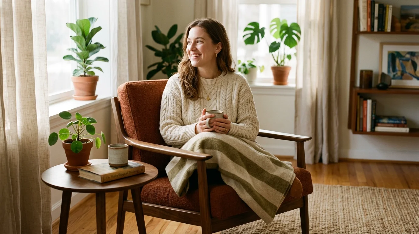 Cozy living room corner with a mid-century modern armchair and side table in warm afternoon light