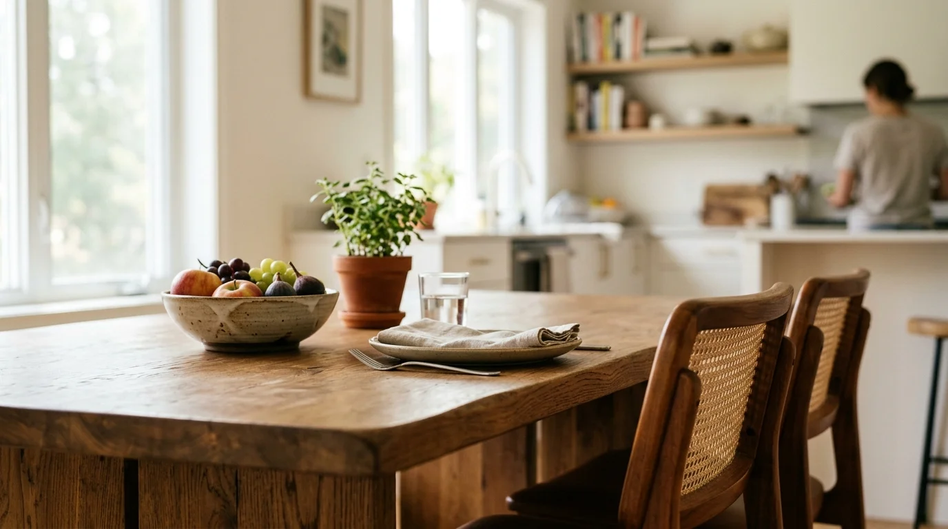 Close-up of a wooden dining table surface with modern chairs in a bright kitchen dining area