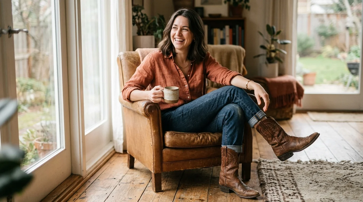 Person wearing cowboy boots with jeans and a button-down shirt in a casual setting with natural light