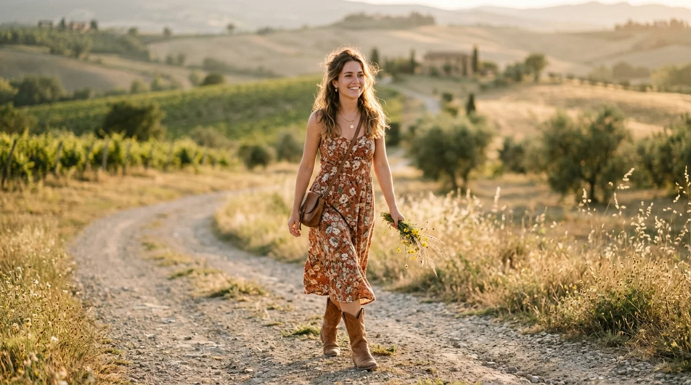 Woman wearing a midi dress with cowboy boots outdoors in golden hour light
