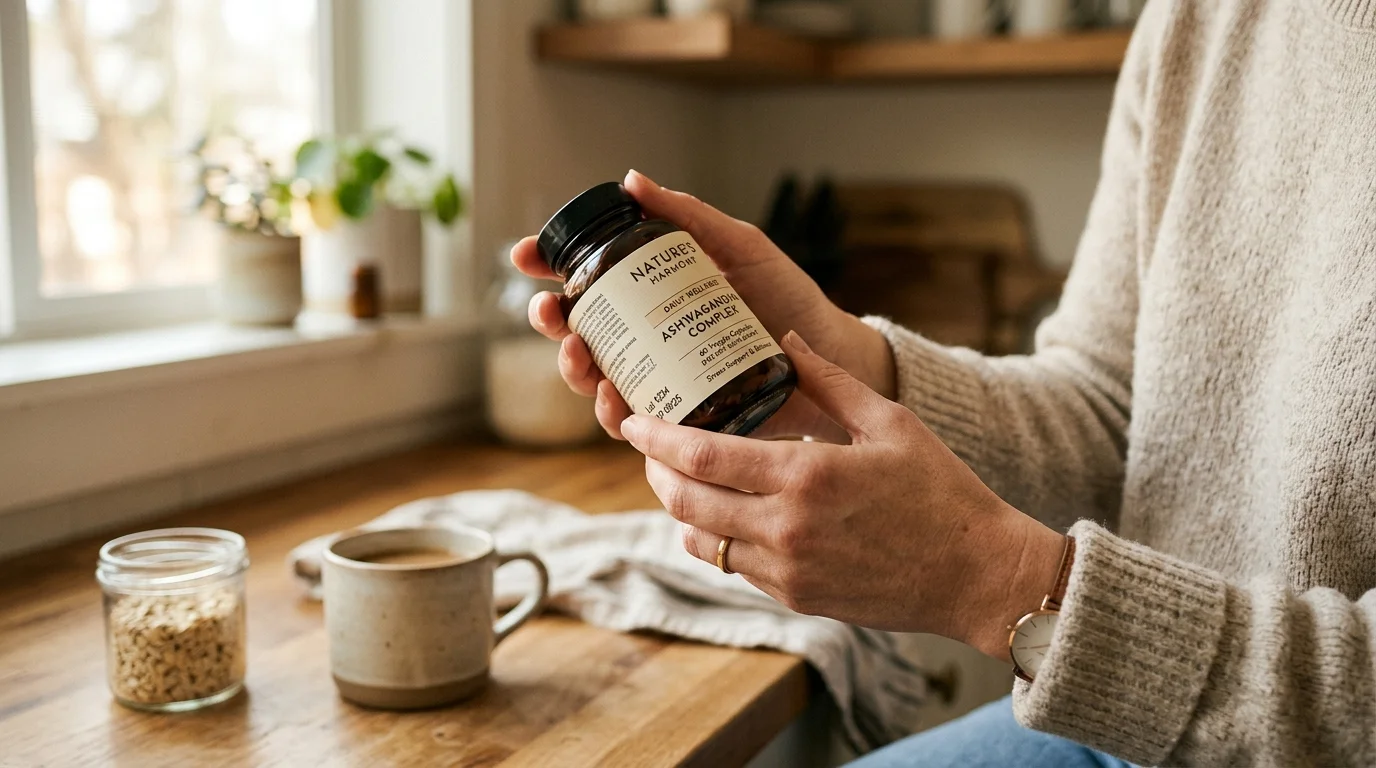 Close-up of hands reading a supplement bottle label in a kitchen with natural light
