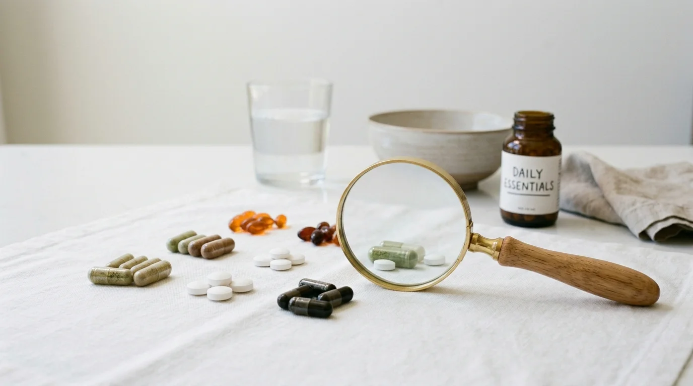 Supplement capsules and tablets laid out on a clean white surface next to a magnifying glass under bright clinical lighting