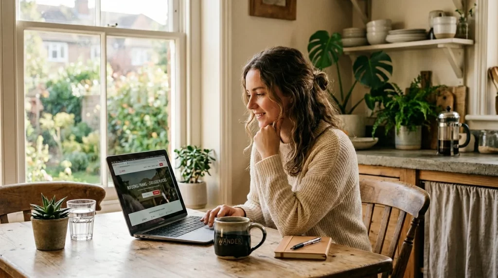 Person at a kitchen table booking travel on a laptop with morning coffee