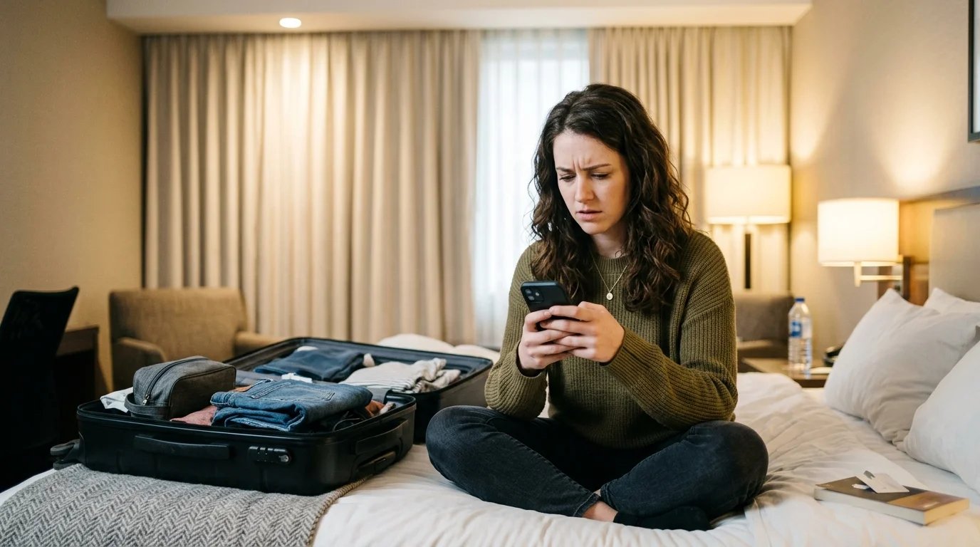 Person sitting on a hotel bed looking at their phone with concern