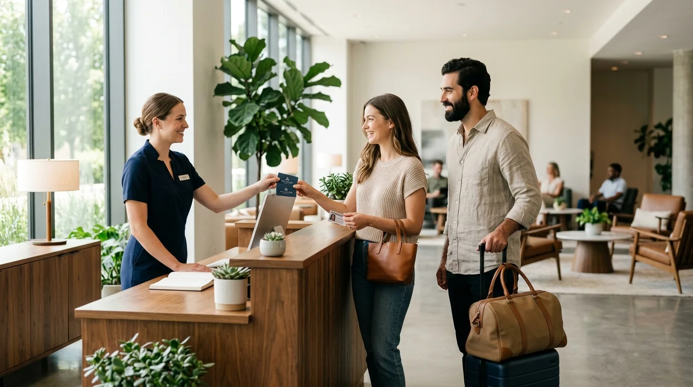 Couple checking into a bright modern hotel lobby with a smiling receptionist