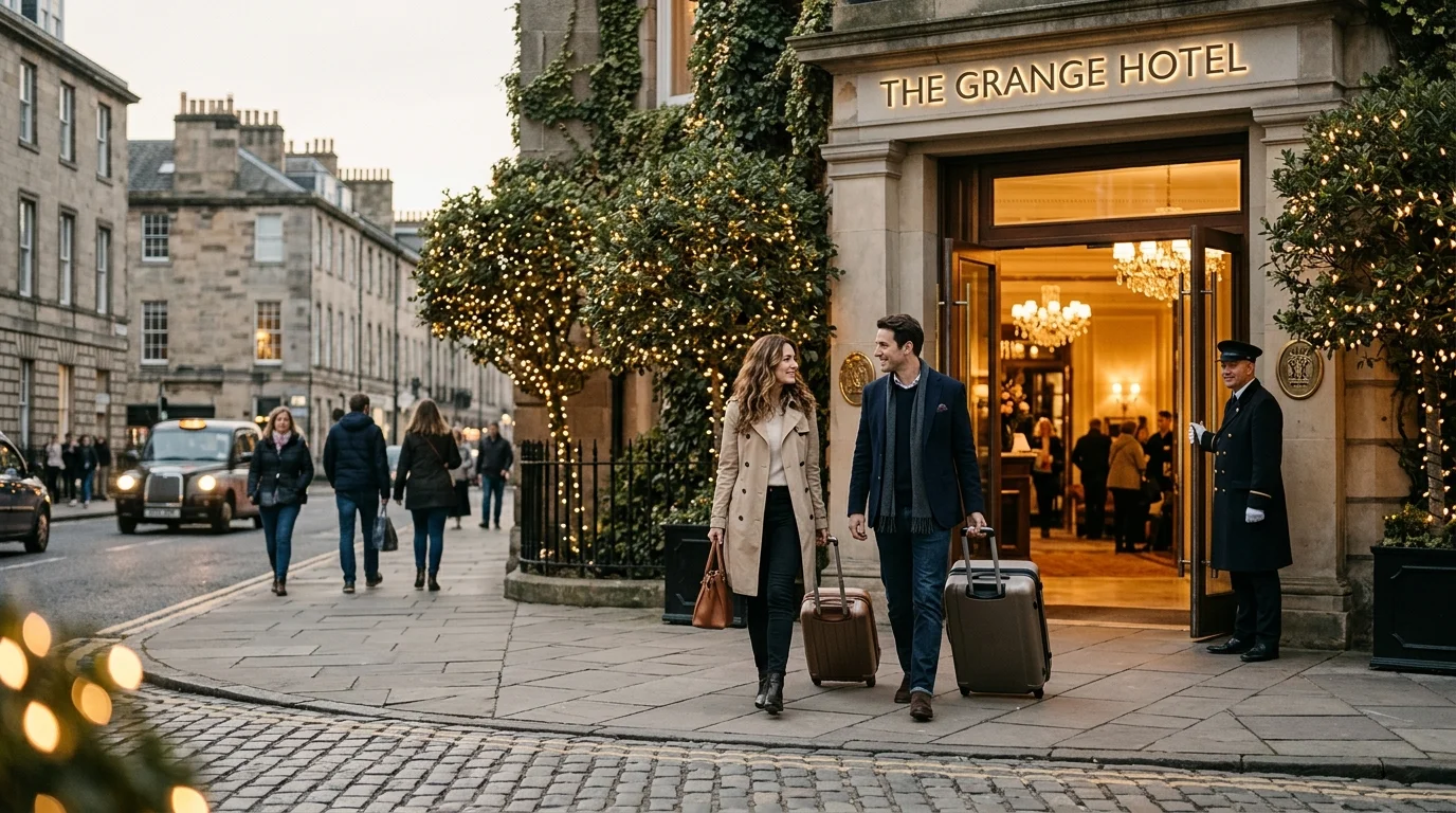 Couple entering an upscale hotel at dusk with warm lobby light