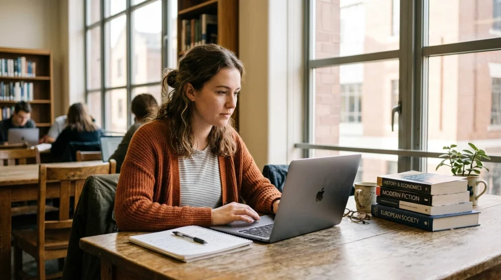 Student studying with a laptop at a library table with books