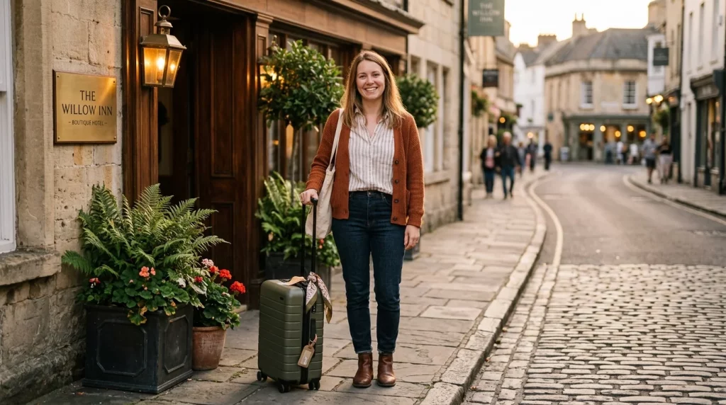 Traveler with suitcase in front of a boutique hotel at golden hour