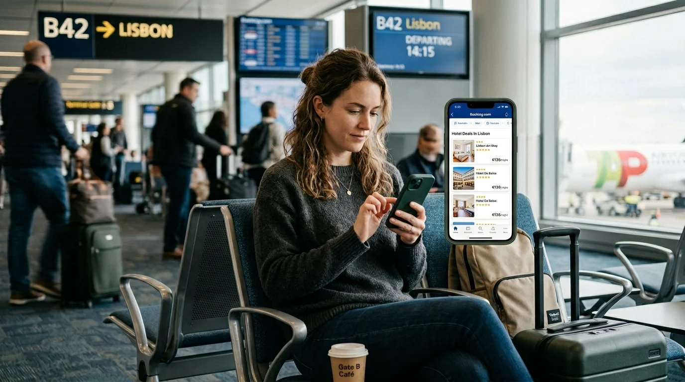 Person sitting at an airport gate looking at hotel deals on their smartphone