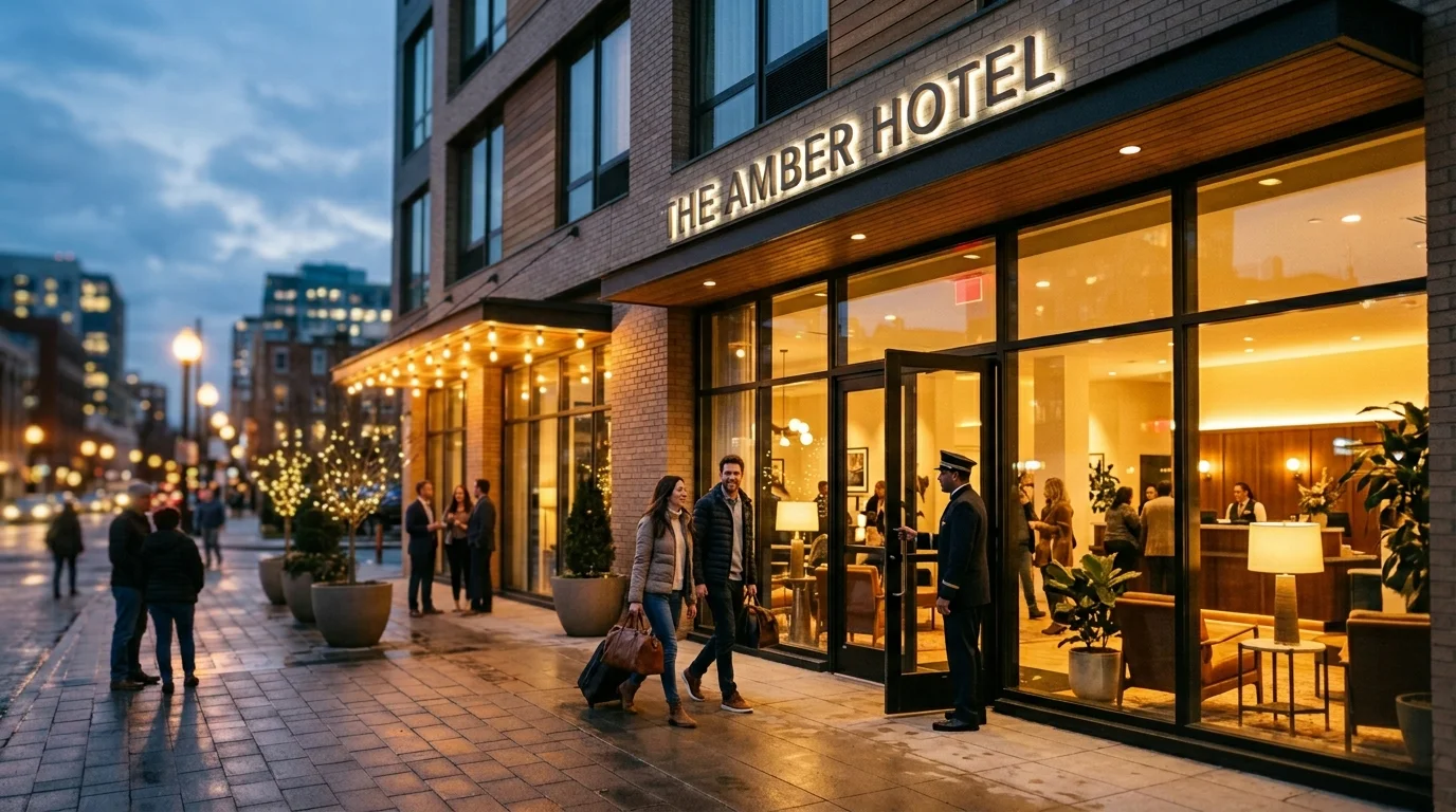 Modern mid-range hotel exterior at dusk with warm lobby lighting