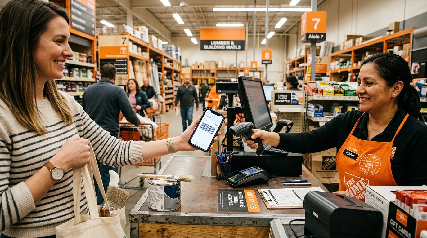 Customer showing phone barcode at store checkout