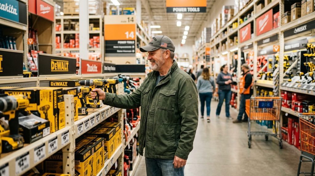Veteran shopping in power tools aisle of a home improvement store