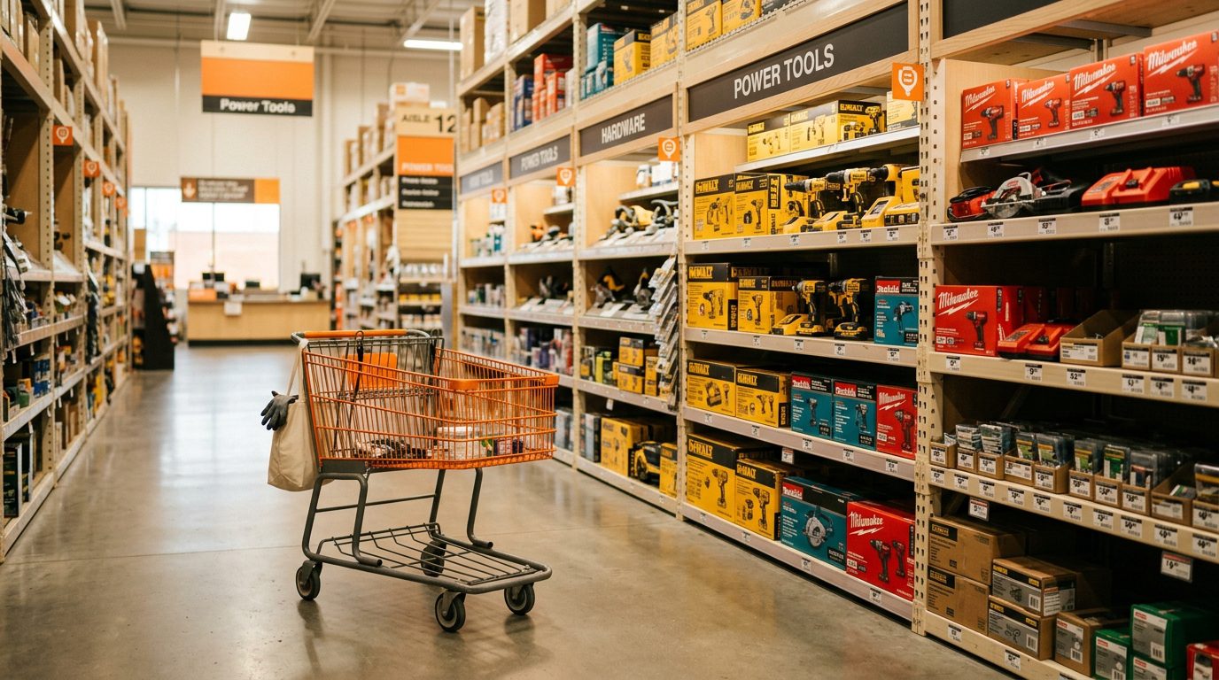 Home improvement store aisle with shopping cart and tools