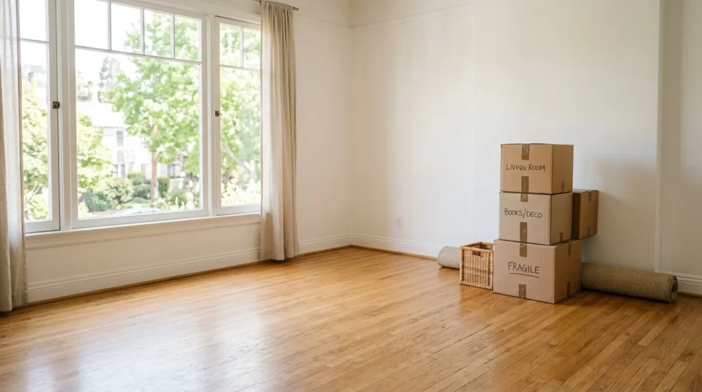 Empty apartment living room with hardwood floors and moving boxes
