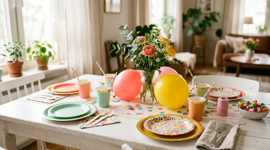 Colorful party supplies on a white table with plates, cups, and balloons