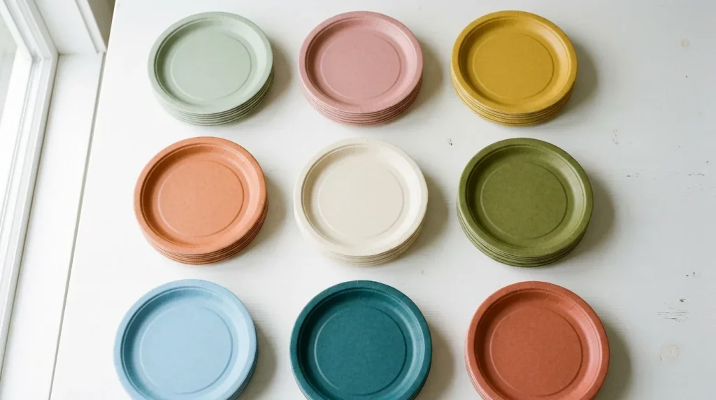 Stacks of colorful party plates in different colors on a white surface