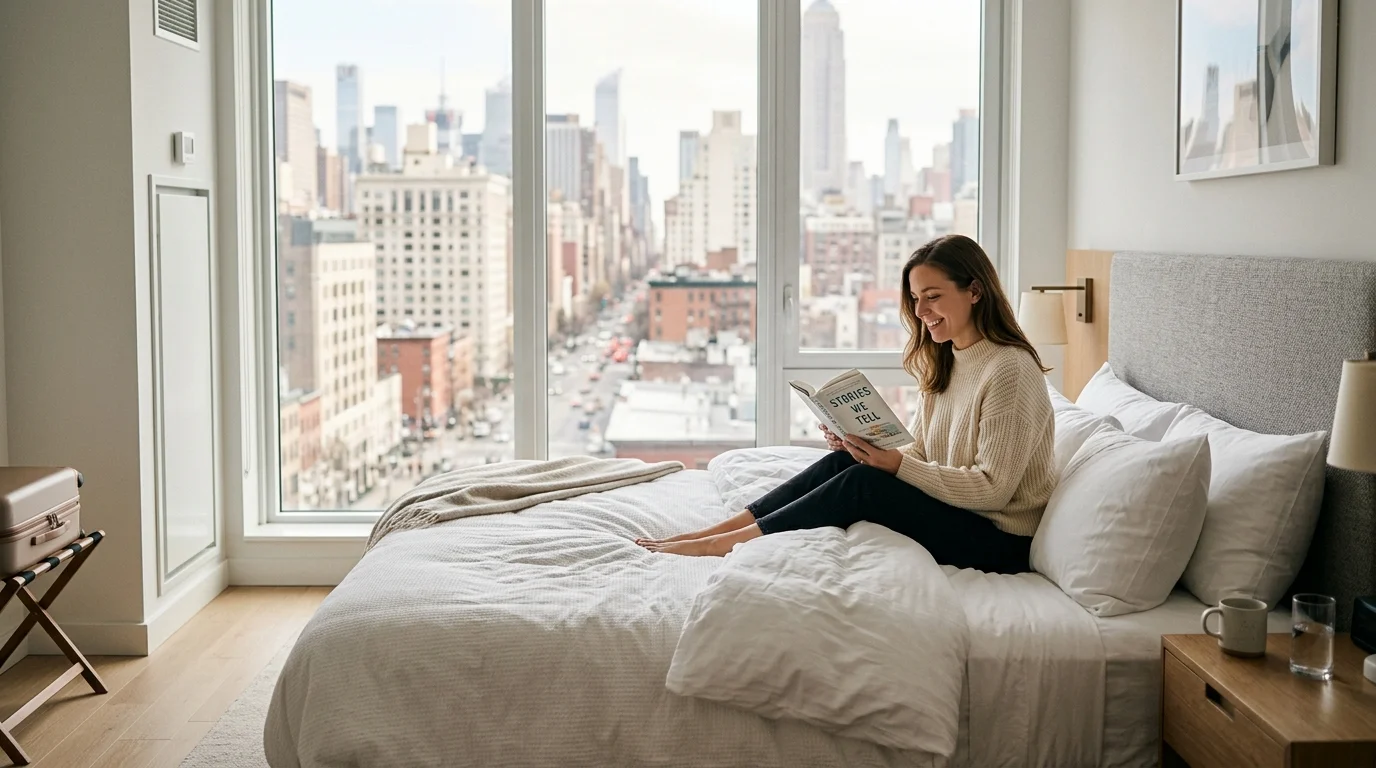 Clean modern hotel room with king bed, white linens, and a city view through a large window