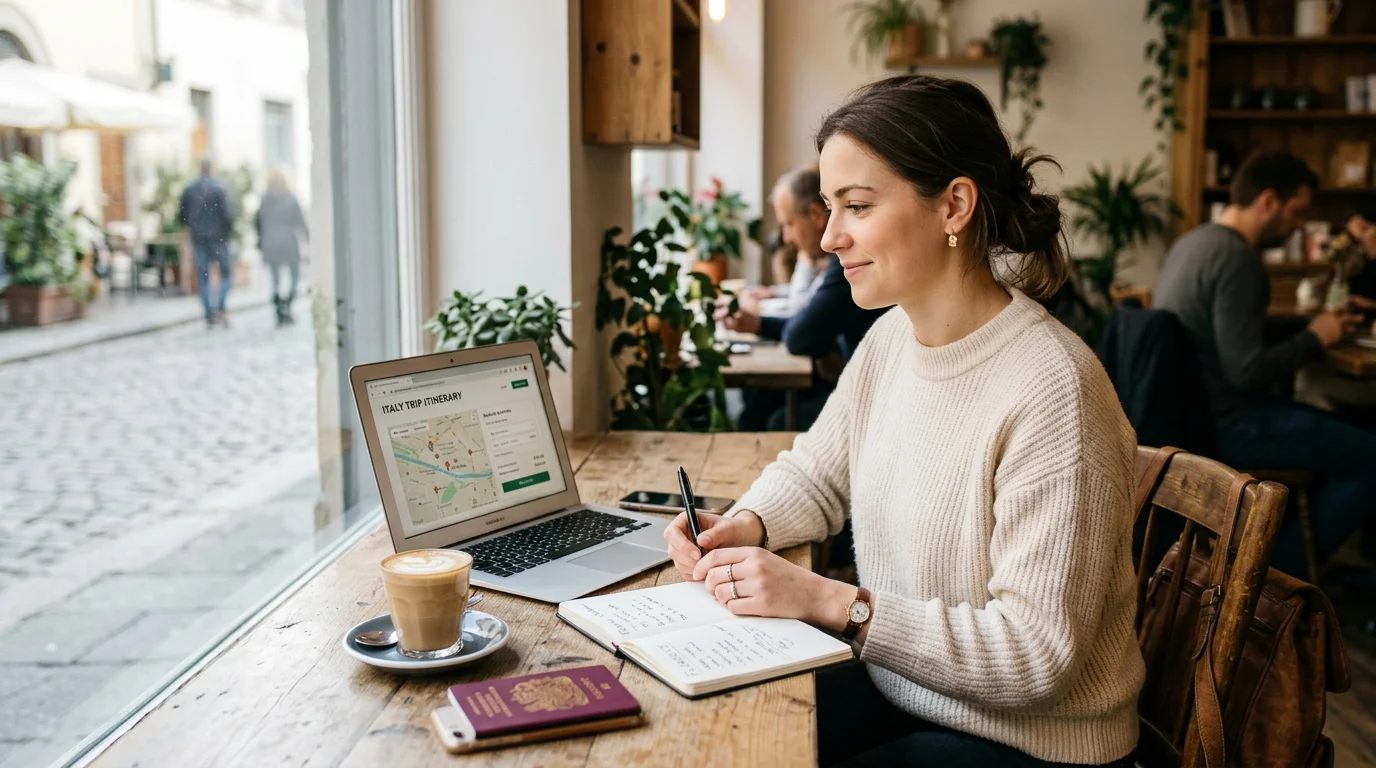 Person sitting at a cafe table with a laptop open and coffee beside them, planning a trip in natural daylight