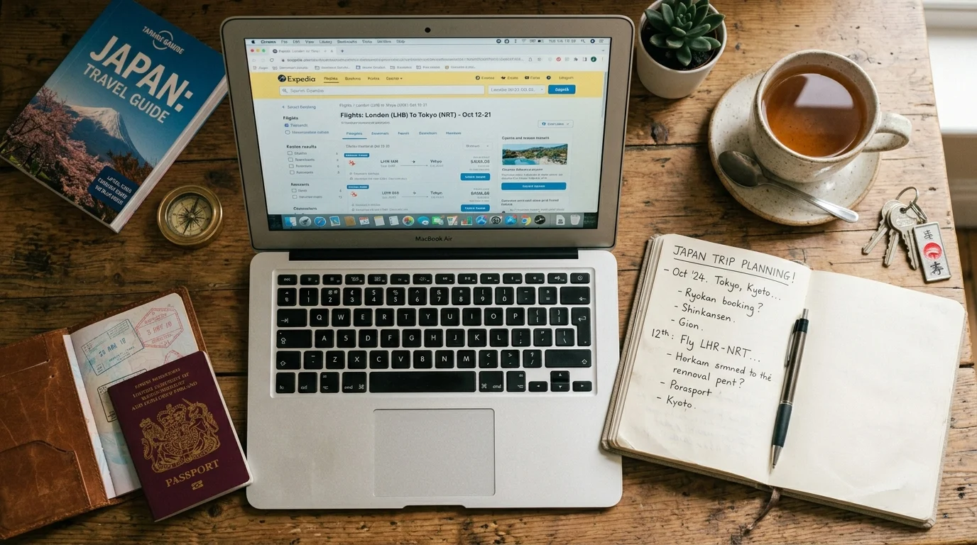 Overhead view of a desk with a laptop showing a travel booking website, notebook, pen, and tea