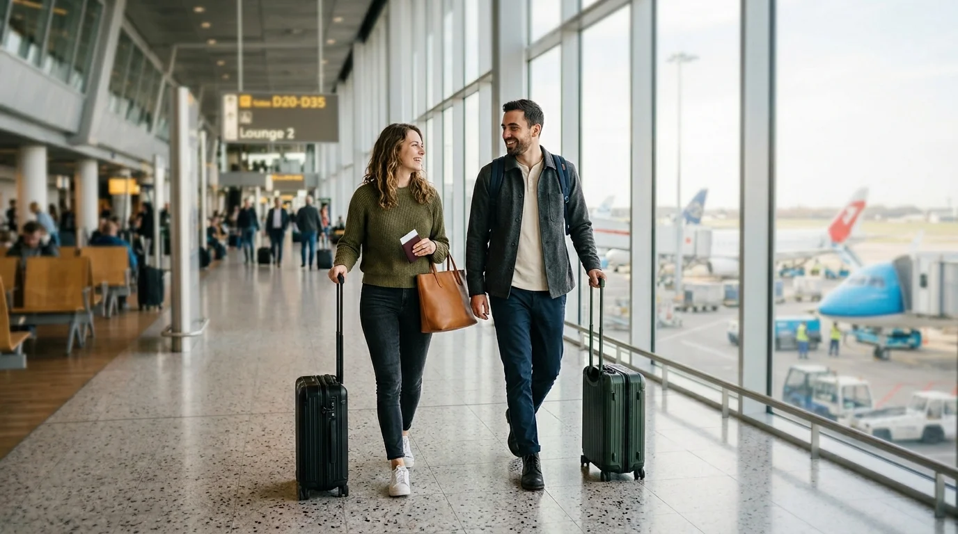 Couple walking through a bright modern airport terminal with carry-on luggage, large windows showing planes