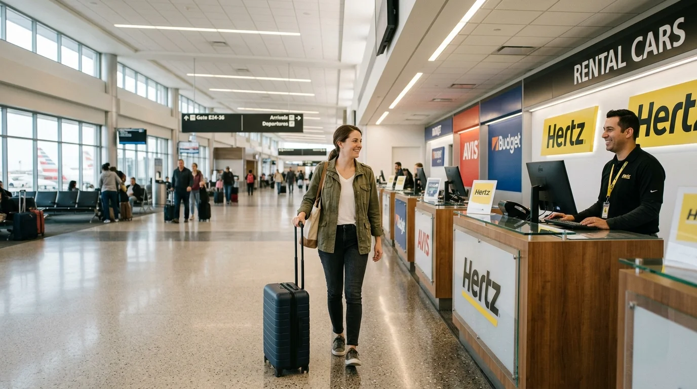 Traveler approaching a rental car counter inside an airport terminal
