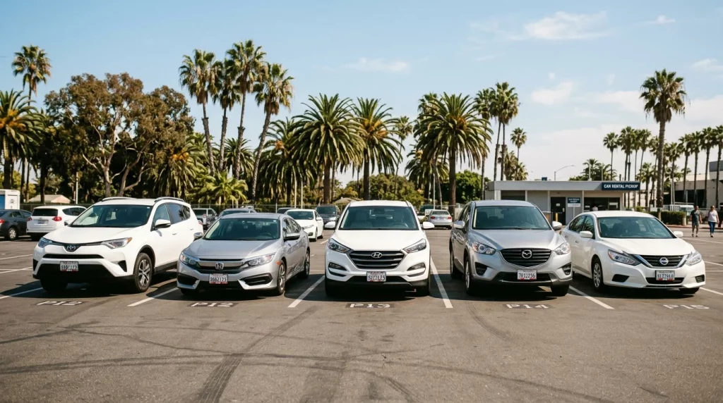 Row of clean rental cars in a sunny outdoor lot with palm trees
