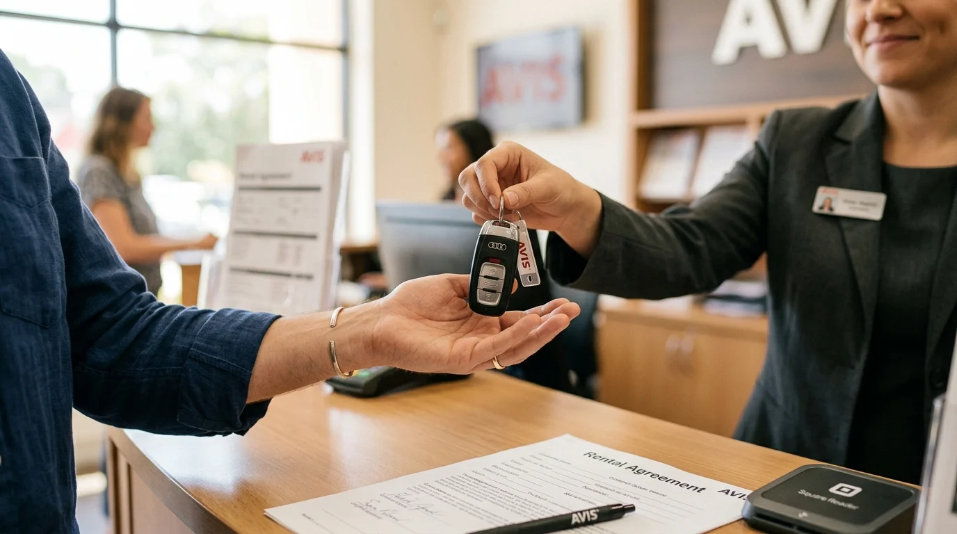 Hand receiving car keys across a rental counter with agreement papers on the desk