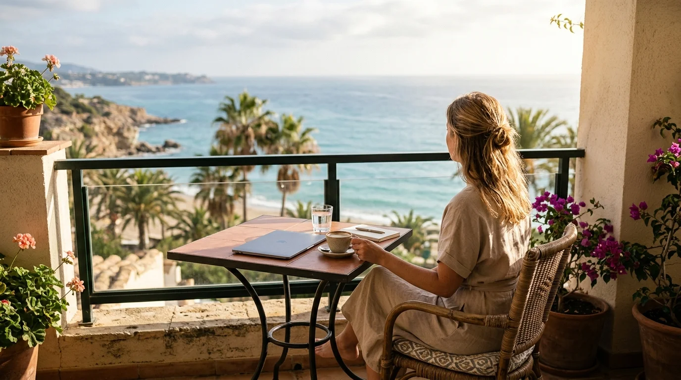 Woman on a hotel balcony enjoying an ocean view with coffee
