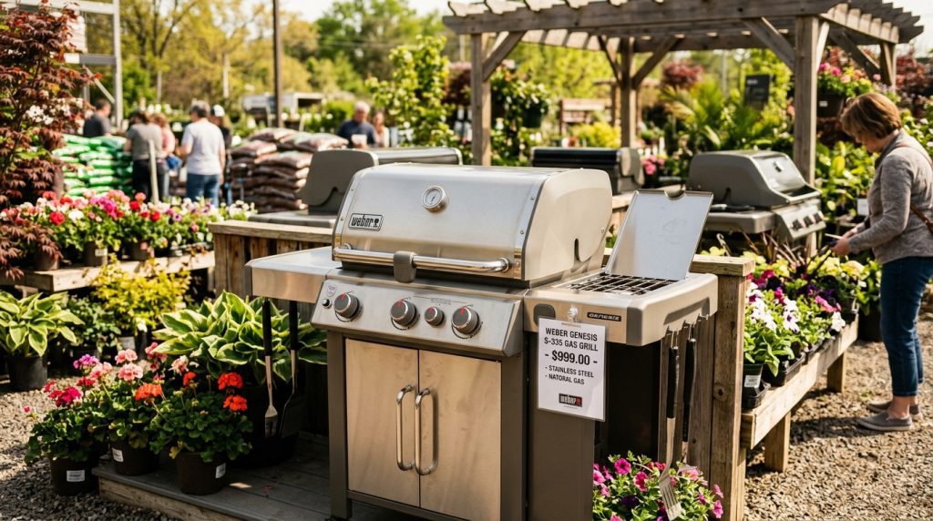 Gas grill on display at home improvement store outdoor section