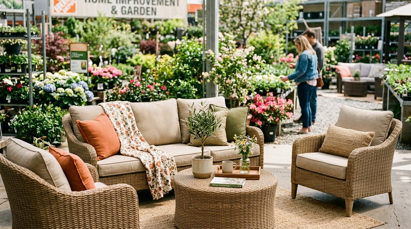 Patio furniture set on display at garden center