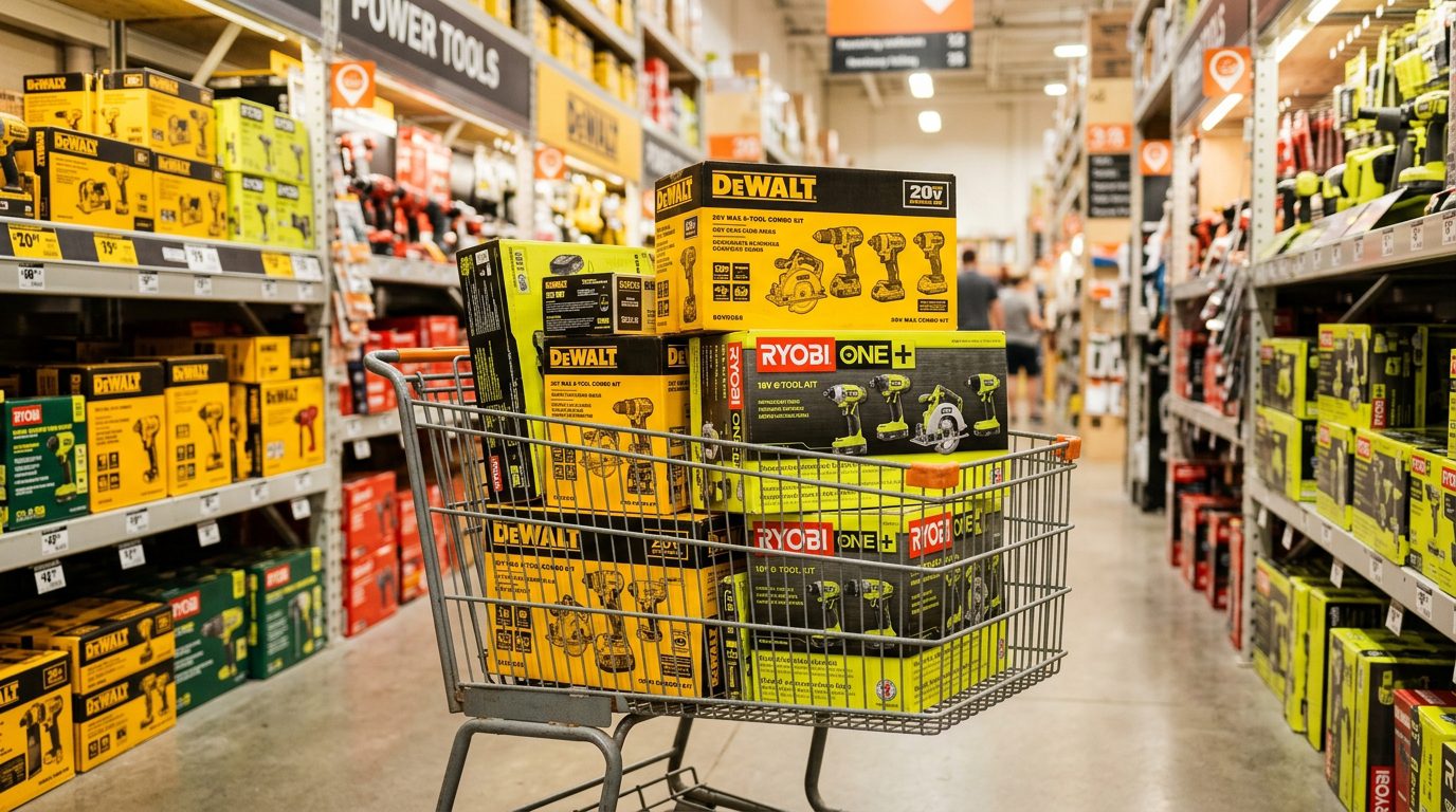 Shopping cart with power tool kits in store aisle
