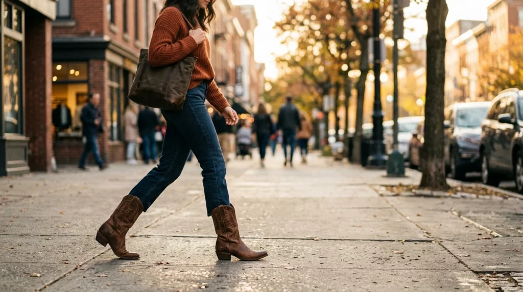 Woman wearing cowboy boots with jeans walking on a city sidewalk in fall