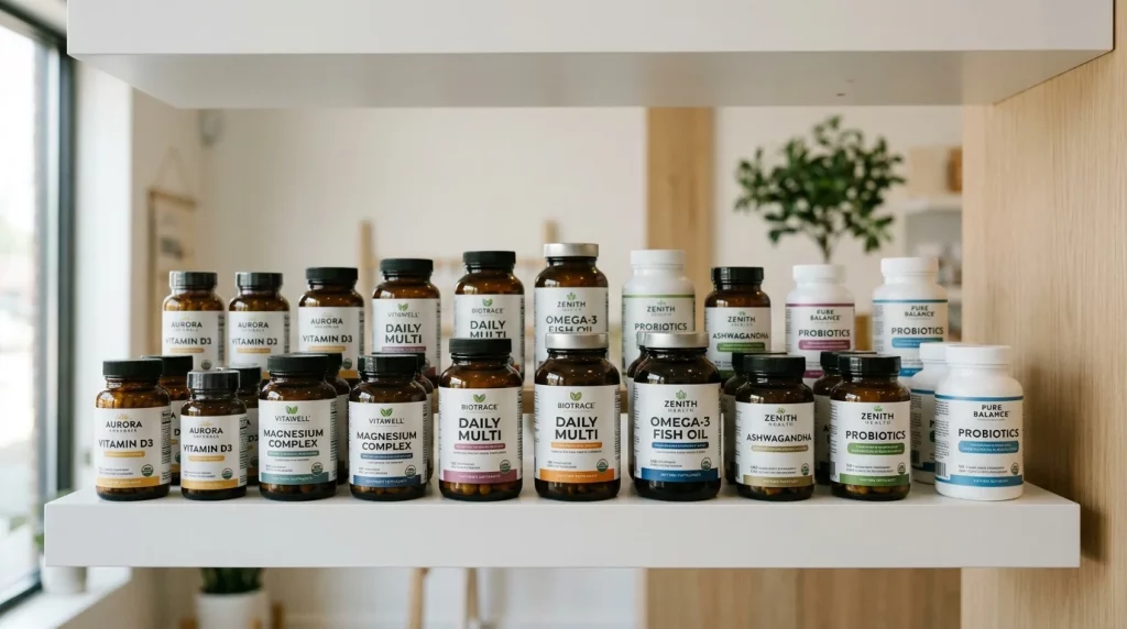 Supplement bottles arranged on a clean white shelf in bright lighting