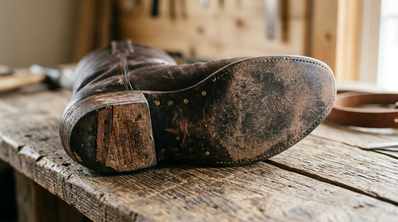 Close-up of a cowboy boot leather sole and stacked heel on a wooden surface