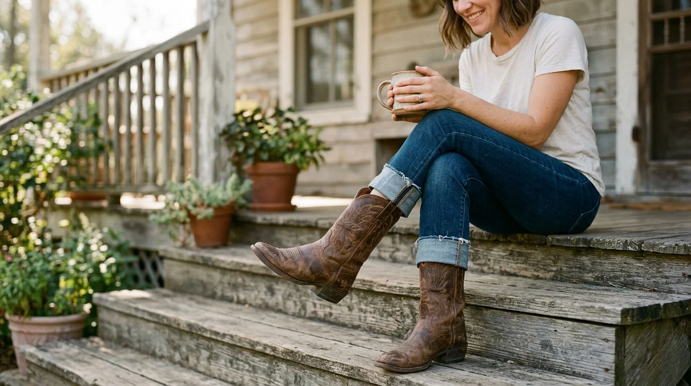 Person wearing broken-in cowboy boots while sitting on a wooden porch step with jeans cuffed above the shaft