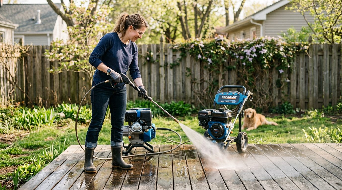 Person pressure washing a wooden deck