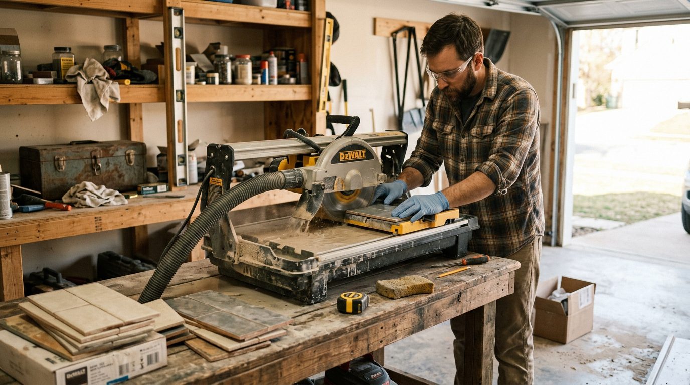 Man using wet tile saw in garage workshop