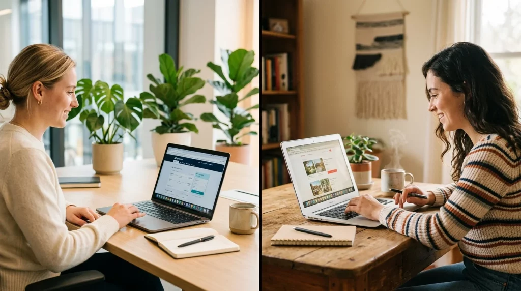 Two travelers booking trips on laptops in different settings