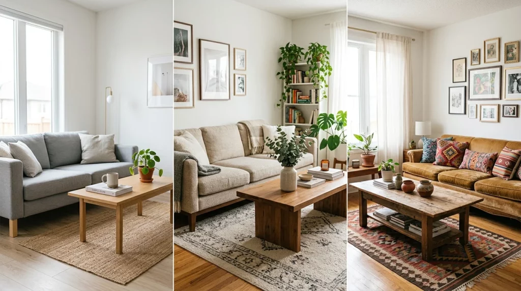 Three different living room styles side by side showing furniture options