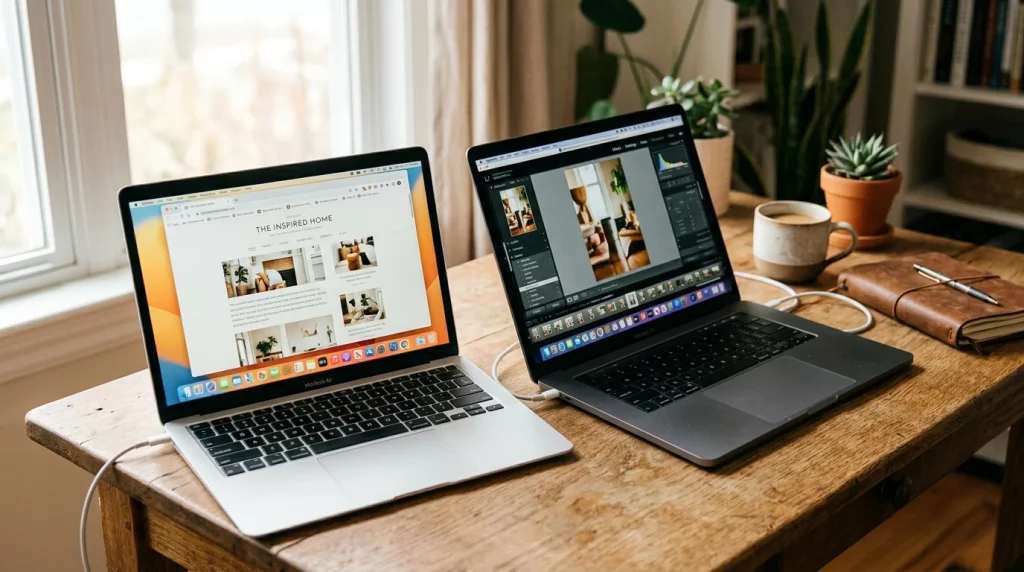 Two laptops side by side on a clean desk in natural light