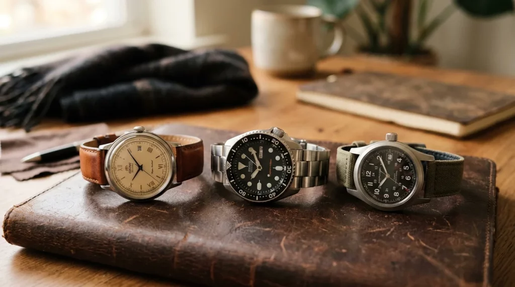 Three different watch styles laid out on a dark leather surface