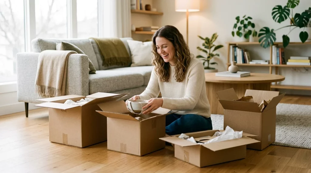 Woman unpacking furniture delivery boxes in a bright living room