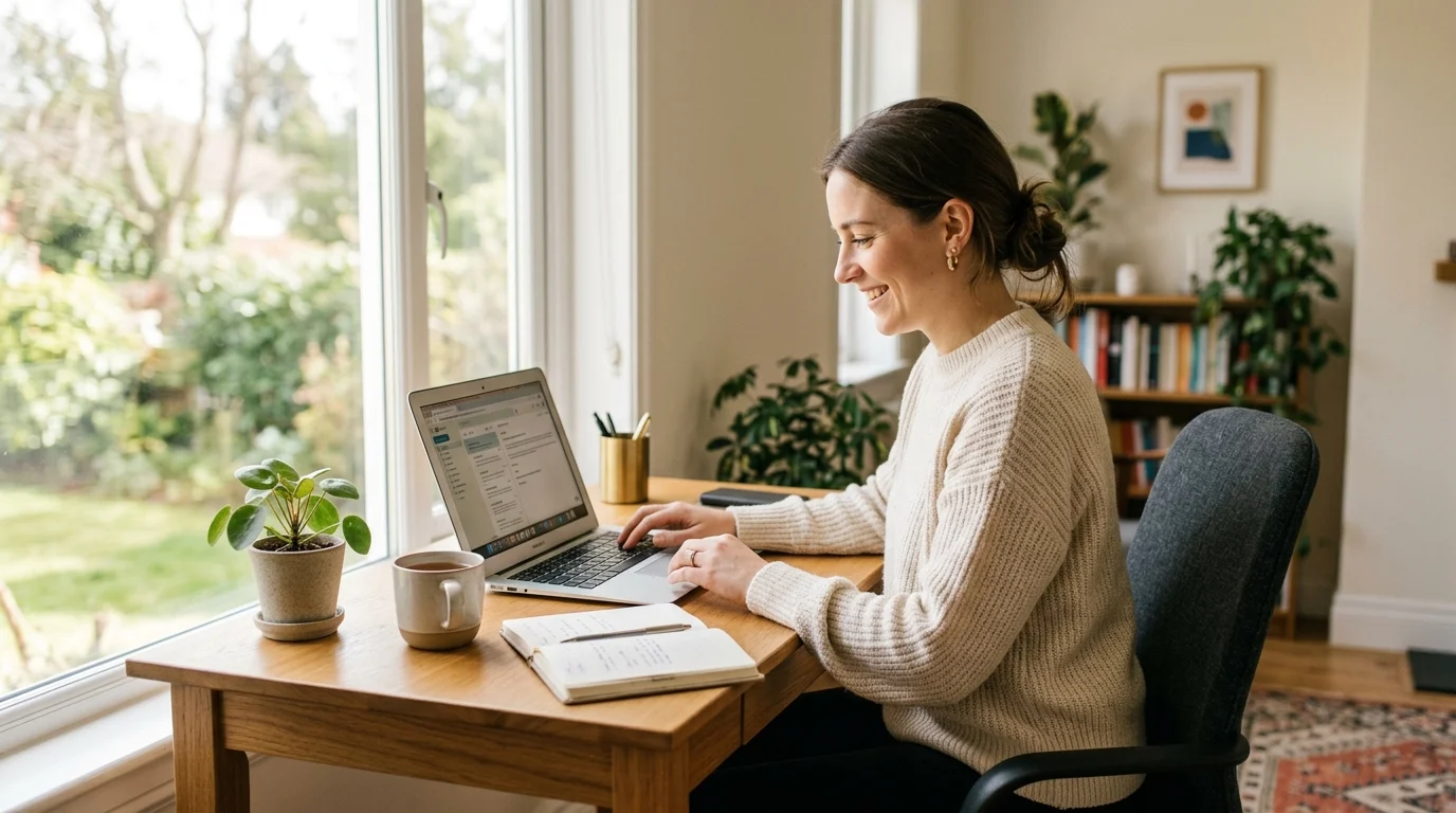 Clean home office with a simple wooden desk, ergonomic chair, and laptop near a bright window