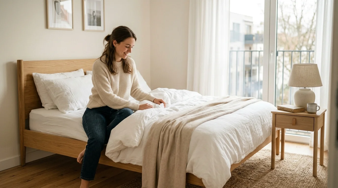 Simple newly set up bedroom in a new apartment with bed frame, white bedding, nightstand, and lamp