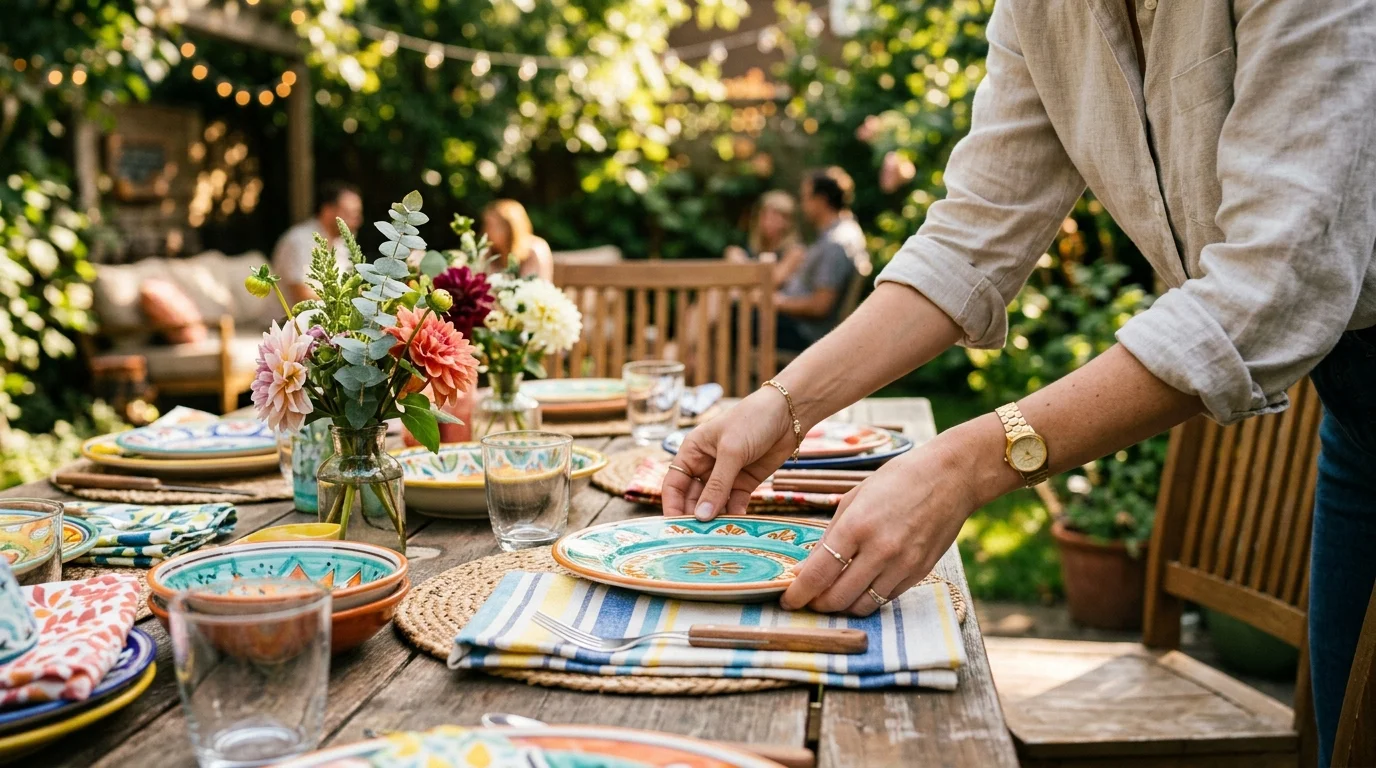 Hands setting a party table with colorful plates and napkins in a sunny backyard